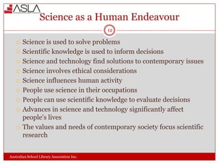 Science as a Human Endeavour
12











Science is used to solve problems
Scientific knowledge is used to inform decisions
Science and technology find solutions to contemporary issues
Science involves ethical considerations
Science influences human activity
People use science in their occupations
People can use scientific knowledge to evaluate decisions
Advances in science and technology significantly affect
people’s lives
The values and needs of contemporary society focus scientific
research

Australian School Library Association Inc.

 