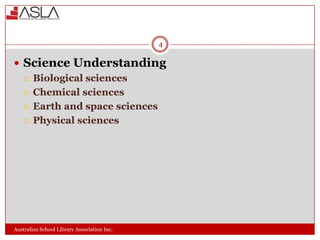 4

 Science Understanding
 Biological sciences
 Chemical sciences
 Earth and space sciences
 Physical sciences

Australian School Library Association Inc.

 