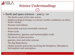 Science Understandings
9

 Earth and space sciences - year 5 - 10















The Earth is part of the solar system
Sudden geological changes or extreme weather conditions can affect
Earth’s surface
Seasons and eclipses

Renewable and non-renewable resources
Water cycle
Sedimentary, igneous and metamorphic rocks
The theory of plate tectonics
galaxies, stars and solar systems
The Big Bang theory
Global systems and cycles involving the biosphere, lithosphere,
hydrosphere and atmosphere

Australian School Library Association Inc.

 