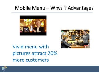 Mobile Menu – Whys ? Advantages
Vivid menu with
pictures attract 20%
more customers
 