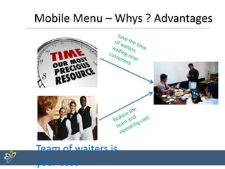 Mobile Menu – Whys ? Advantages
Team of waiters is
your cost
 