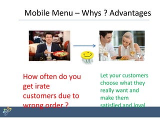 Mobile Menu – Whys ? Advantages
How often do you
get irate
customers due to
wrong order ?
Let your customers
choose what they
really want and
make them
satisfied and loyal
 