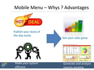 Mobile Menu – Whys ? Advantages
Publish your deals of
the day easily
Make your system
efficient
See your sales grow
Generate and analyze
reports anytime
 