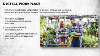 DIGITAL WORKPLACE
• Улучшить качество
операционных процессов
магазина
• Предоставить новый
клиентский опыт
• Повысить удовлетворенность и
вовлеченность сотрудников
магазина
Мобильное цифровое устройство «в руках» сотрудника магазина,
возможно использование множества прикладных приложений
 