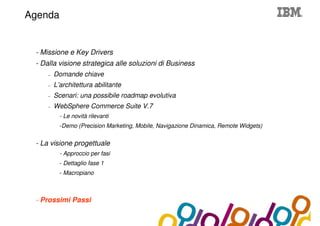 Collaboration Agenda 2.0
Agenda


 - Missione e Key Drivers
 - Dalla visione strategica alle soluzioni di Business
     –   Domande chiave
     –   L’architettura abilitante
     –   Scenari: una possibile roadmap evolutiva
     –   WebSphere Commerce Suite V.7
           - Le novità rilevanti
           -Demo (Precision Marketing, Mobile, Navigazione Dinamica, Remote Widgets)


 - La visione progettuale
           - Approccio per fasi
           - Dettaglio fase 1
           - Macropiano



 - Prossimi Passi
 