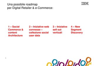 Collaboration Agenda 2.0
    Una possibile roadmap
    per Digital Retailer & e-Commerce:




    1 – Social           2 – Iniziative web   3 – Iniziative   4 – New
    Commerce &           connesse –           sell out         Segment
    content              collezione social    verticali        Discovery
    Architecture         user data




9
 
