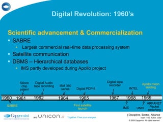 Digital Revolution: 1960’s Scientific advancement & Commercialization SABRE Largest commercial real-time data processing system Satellite communication DBMS – Hierarchical databases IMS partly developed during Apollo project © 2009 Capgemini. All rights reserved Insert "Title, Author, Date" 1961 Silicon chip patent 1964 IBM 360 series IMS 1965 1967 Digital PDP-8 SABRE  Digital tape recorder UNIX 1969 ARPANET Packet switching 1962 Digital Audio tape recording 1968 INTEL Apollo moon landing First satellite launch 1960 