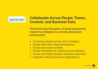 Collaborate Across People, Teams,
Content, and Business Data
Yammer brings the power of social networking
inside the enterprise in a private and secure
environment.

•	   Connects people across your company
•	   Divide team into virtual workspaces
•	   Create and share content
•	   Create networks for customers and partners
•	   Access via mobile devices anytime, anywhere
•	   Integrate with key business applications


                                              © Brio Group 2012
 