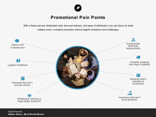 Promotional Pain Points
With a fixed cost per distributed code, low-cost delivery, and ease of distribution, you can focus on what
matters most: a creative promotion without logistic limitations and challenges.
Digital Rewards
Online Power, Real-World Reach
 