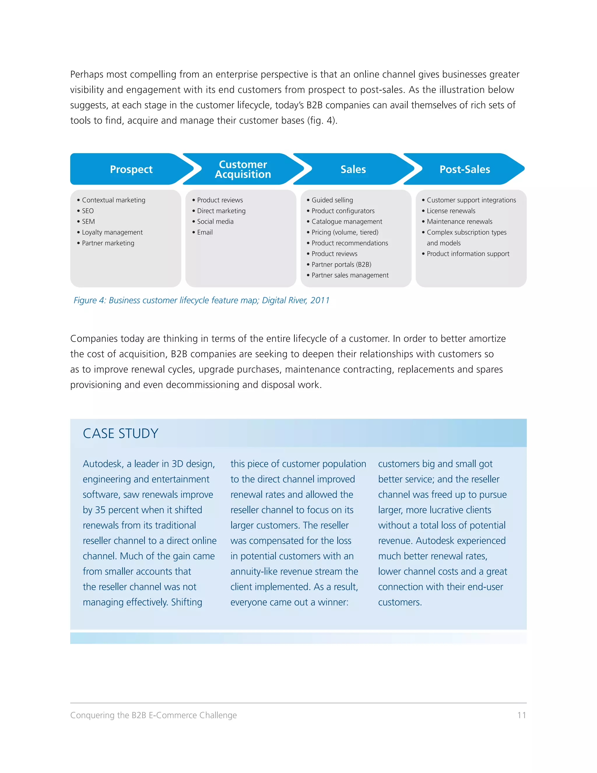 Perhaps most compelling from an enterprise perspective is that an online channel gives businesses greater
visibility and engagement with its end customers from prospect to post-sales. As the illustration below
suggests, at each stage in the customer lifecycle, today’s B2B companies can avail themselves of rich sets of
tools to find, acquire and manage their customer bases (fig. 4).




           Prospect                        Customer                         Sales                          Post-Sales
                                          Acquisition

 • Contextual marketing         • Product reviews               • Guided selling                     • Customer support integrations
 • SEO                          • Direct marketing              • Product configurators              • License renewals
 • SEM                          • Social media                  • Catalogue management               • Maintenance renewals
 • Loyalty management           • Email                         • Pricing (volume, tiered)           •  omplex subscription types
                                                                                                       C
 • Partner marketing                                            • Product recommendations              and models
                                                                • Product reviews                    • Product information support
                                                                • Partner portals (B2B)
                                                                • Partner sales management


Figure 4: Business customer lifecycle feature map; Digital River, 2011



Companies today are thinking in terms of the entire lifecycle of a customer. In order to better amortize
the cost of acquisition, B2B companies are seeking to deepen their relationships with customers so
as to improve renewal cycles, upgrade purchases, maintenance contracting, replacements and spares
provisioning and even decommissioning and disposal work.




   CASE STUDY

   Autodesk, a leader in 3D design,          this piece of customer population            customers big and small got
   engineering and entertainment             to the direct channel improved               better service; and the reseller
   software, saw renewals improve            renewal rates and allowed the                channel was freed up to pursue
   by 35 percent when it shifted             reseller channel to focus on its             larger, more lucrative clients
   renewals from its traditional             larger customers. The reseller               without a total loss of potential
   reseller channel to a direct online       was compensated for the loss                 revenue. Autodesk experienced
   channel. Much of the gain came            in potential customers with an               much better renewal rates,
   from smaller accounts that                annuity-like revenue stream the              lower channel costs and a great
   the reseller channel was not              client implemented. As a result,             connection with their end-user
   managing effectively. Shifting            everyone came out a winner:                  customers.




Conquering the B2B E-Commerce Challenge                                                                                                11
 