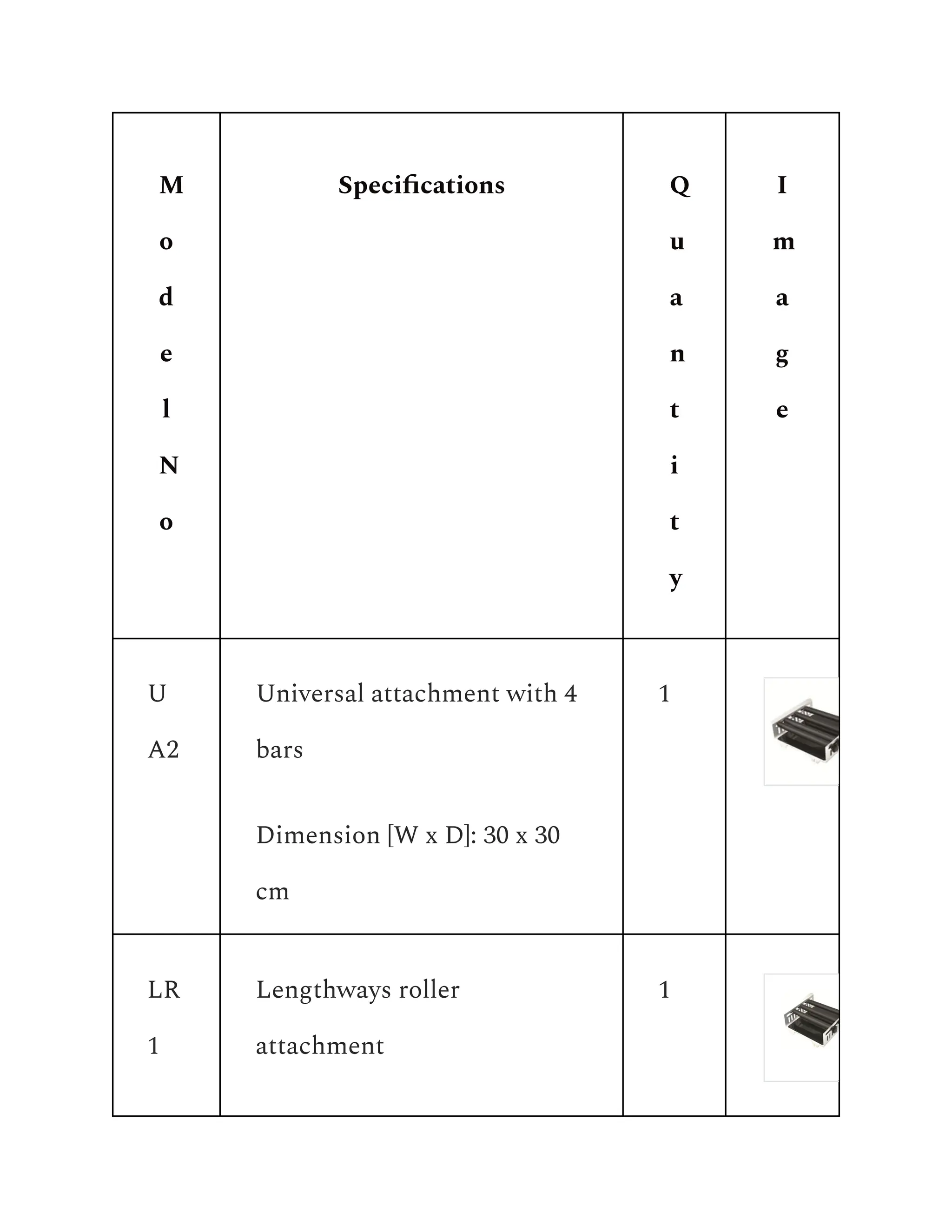 M
o
d
e
l
N
o
Specifications Q
u
a
n
t
i
t
y
I
m
a
g
e
U
A2
Universal attachment with 4
bars
Dimension [W x D]: 30 x 30
cm
1
LR
1
Lengthways roller
attachment
1
 