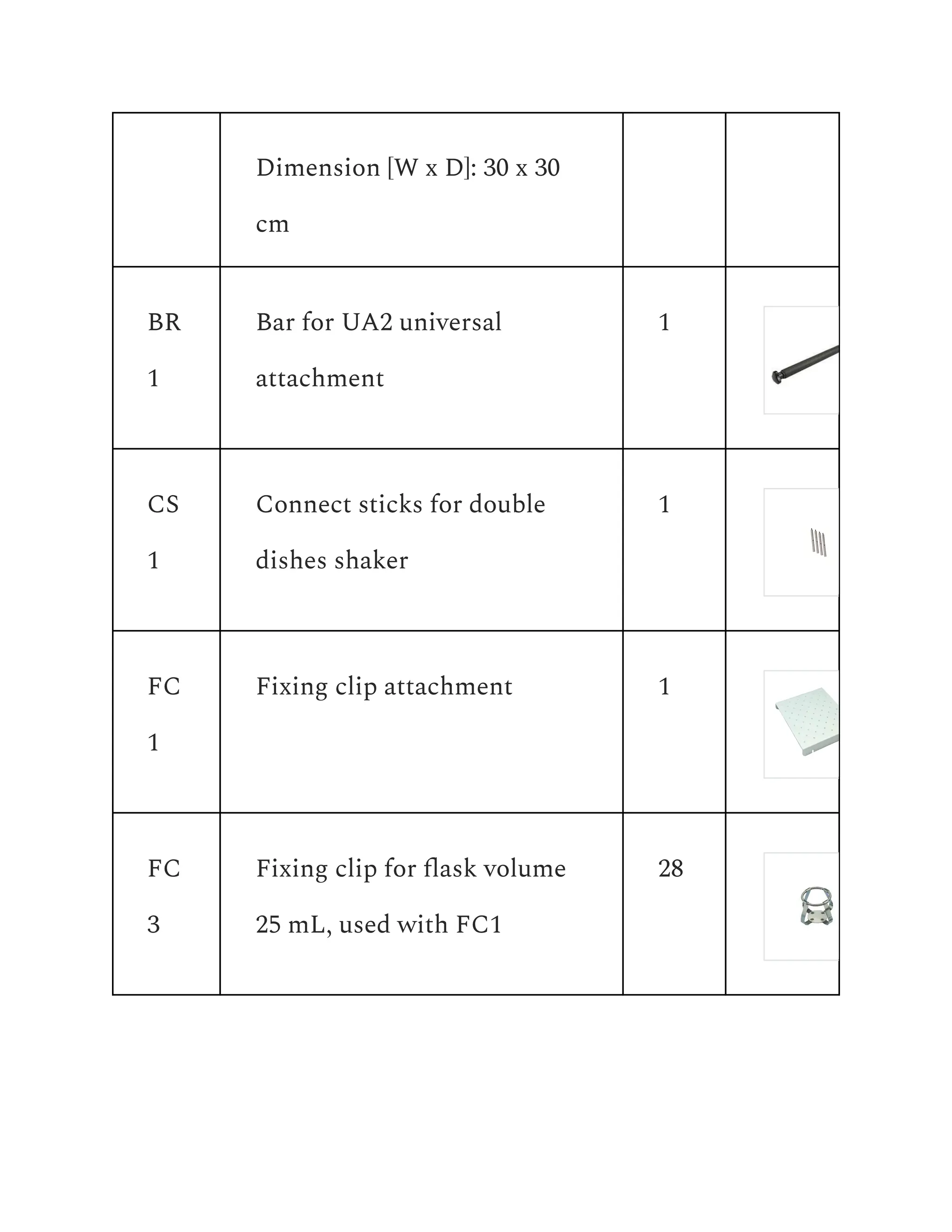 Dimension [W x D]: 30 x 30
cm
BR
1
Bar for UA2 universal
attachment
1
CS
1
Connect sticks for double
dishes shaker
1
FC
1
Fixing clip attachment 1
FC
3
Fixing clip for flask volume
25 mL, used with FC1
28
 