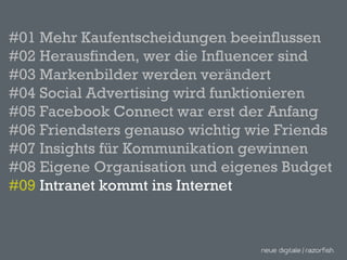 #01 Mehr Kaufentscheidungen beeinflussen #02 Herausfinden, wer die Influencer sind #03 Markenbilder werden verändert  #04 Social Advertising wird funktionieren  #05 Facebook Connect war erst der Anfang #06 Friendsters genauso wichtig wie Friends #07 Insights für Kommunikation gewinnen #08 Eigene Organisation und eigenes Budget #09  Intranet kommt ins Internet 