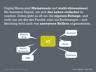 Digital Moms sind  Mainstream  und  multi-dimensional . Sie benutzen Digital, um sich  das Leben einfacher  zu machen. Dabei geht es oft um die  eigenen Belange , und nicht nur um die der Familie oder um Kochrezepte – und Beratung wird auch von  anonymen Helfern  angenommen. 45 Social Networks SMS Reviews News Mobile Web Podcasts 