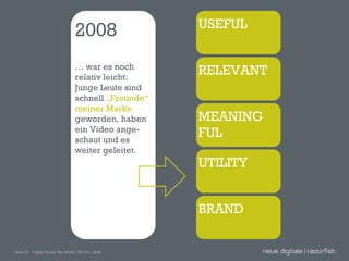 2008 …  war es noch relativ leicht: Junge Leute sind schnell  „Freunde“ meiner Marke  geworden, haben ein Video ange-schaut und es weiter geleitet. USEFUL RELEVANT MEANING FUL UTILITY BRAND 