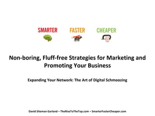 Non-boring, Fluff-free Strategies for Marketing and
Promoting Your Business
Expanding Your Network: The Art of Digital Schmoozing
David Siteman Garland – TheRiseToTheTop.com – SmarterFasterCheaper.com
 