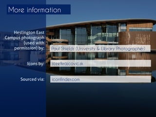 Credits 
Heslington East Campus photograph (used with permission) by: 
Icons by: 
Sourced via: 
Paul Shields (University & Library Photographer) 
jozefkrajcovic.sk 
iconfinder.com  