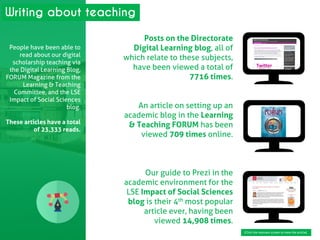 Writing about teaching 
People have been able to read about our digital scholarship teaching via the Digital Learning Blog, FORUM Magazine from the Learning & Teaching Committee, and the LSE Impact of Social Sciences blog. 
These articles have a total of 23,333 reads. 
Posts on the Directorate Digital Learning blog, all of which relate to these subjects, have been viewed a total of 7716 times. 
An article on setting up an academic blog in the Learning & Teaching FORUM has been viewed 709 times online. 
Our guide to Prezi in the academic environment for the LSE Impact of Social Sciences blog is their 4th most popular article ever, having been viewed 14,908 times. 
(Click the relevant screen to view the article)  