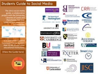 Students Guide to Social Media 
The 2013 social media guide, a collaborative project with the University Libraries of Leeds and Manchester, has over 5,000 unique users from 22 countries. 
It is used under Creative Commons licence by more than 25 HE, FE and other educational institutions. 
(View the Guide here.) 
(View the Guide here)  