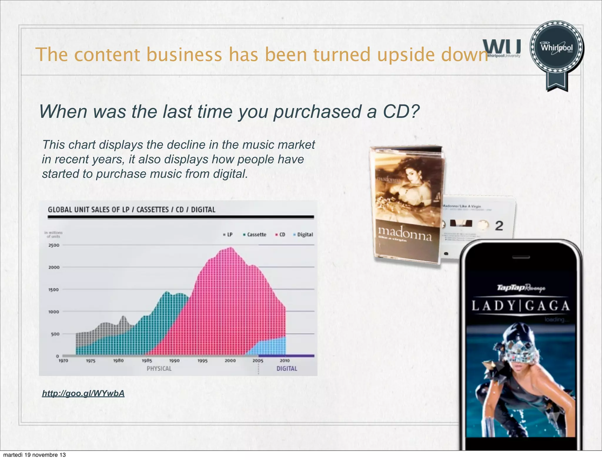The content business has been turned upside down
When was the last time you purchased a CD?
This chart displays the decline in the music market
in recent years, it also displays how people have
started to purchase music from digital.

http://goo.gl/WYwbA

martedì 19 novembre 13

8

 