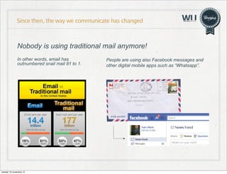 Since then, the way we communicate has changed

Nobody is using traditional mail anymore!
In other words, email has
outnumbered snail mail 81 to 1.

martedì 19 novembre 13

People are using also Facebook messages and
other digital mobile apps such as “Whatsapp”.

 