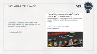 Pay what you want

A successful experiment from Humble Book:
users were asked to pay "what they felt was the
right price’’ to read e-books.

http://goo.gl/3L5N3

27

 