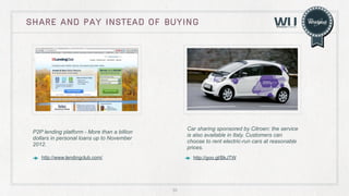 Share and pay instead of buying

Car sharing sponsored by Citroen: the service
is also available in Italy. Customers can
choose to rent electric-run cars at reasonable
prices.

P2P lending platform - More than a billion
dollars in personal loans up to November
2012.
http://www.lendingclub.com/

http://goo.gl/BkJTW

30

 