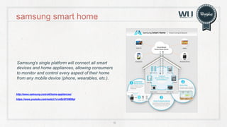 samsung smart home 
16 
Samsung's single platform will connect all smart 
devices and home appliances, allowing consumers ...