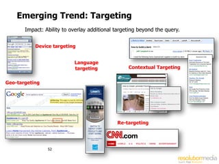 Emerging Trend: Targeting
       Impact: Ability to overlay additional targeting beyond the query.

           Device targeting


                           Language
                           targeting              Contextual Targeting


Geo-targeting




                                             Re-targeting




                52
 