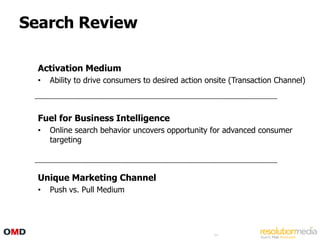 Search Review

  Activation Medium
  •   Ability to drive consumers to desired action onsite (Transaction Channel)



  Fuel for Business Intelligence
  •   Online search behavior uncovers opportunity for advanced consumer
      targeting



  Unique Marketing Channel
  •   Push vs. Pull Medium




                                                    54
 