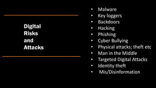 • Malware
• Key loggers
• Backdoors
• Hacking
• Phishing
• Cyber Bullying
• Physical attacks; theft etc
• Man in the Middle
• Targeted Digital Attacks
• Identity theft
• Mis/Disinformation
Digital
Risks
and
Attacks
 