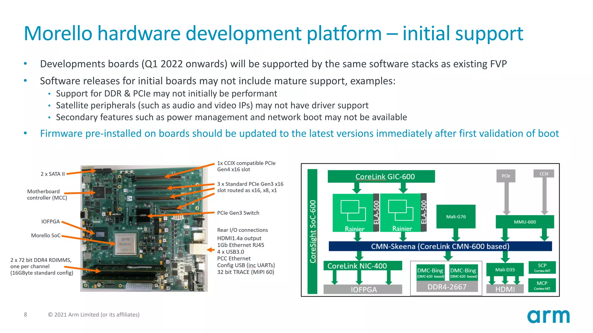 8 © 2021 Arm Limited (or its affiliates)
Morello hardware development platform – initial support
• Developments boards (Q1 2022 onwards) will be supported by the same software stacks as existing FVP
• Software releases for initial boards may not include mature support, examples:
• Support for DDR & PCIe may not initially be performant
• Satellite peripherals (such as audio and video IPs) may not have driver support
• Secondary features such as power management and network boot may not be available
• Firmware pre-installed on boards should be updated to the latest versions immediately after first validation of boot
 