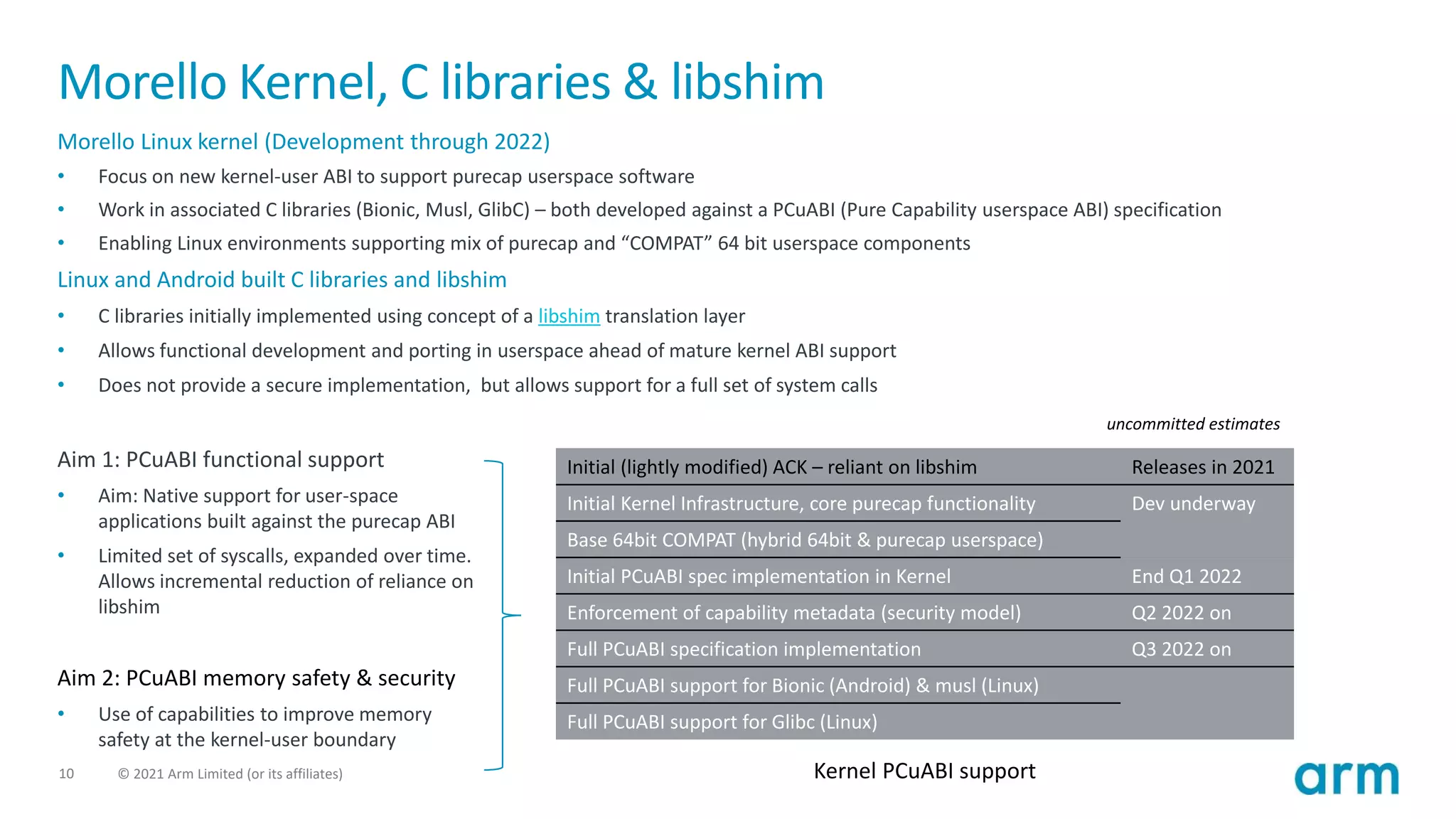 10 © 2021 Arm Limited (or its affiliates)
Morello Kernel, C libraries & libshim
Morello Linux kernel (Development through 2022)
• Focus on new kernel-user ABI to support purecap userspace software
• Work in associated C libraries (Bionic, Musl, GlibC) – both developed against a PCuABI (Pure Capability userspace ABI) specification
• Enabling Linux environments supporting mix of purecap and “COMPAT” 64 bit userspace components
Linux and Android built C libraries and libshim
• C libraries initially implemented using concept of a libshim translation layer
• Allows functional development and porting in userspace ahead of mature kernel ABI support
• Does not provide a secure implementation, but allows support for a full set of system calls
Aim 1: PCuABI functional support
• Aim: Native support for user-space
applications built against the purecap ABI
• Limited set of syscalls, expanded over time.
Allows incremental reduction of reliance on
libshim
Aim 2: PCuABI memory safety & security
• Use of capabilities to improve memory
safety at the kernel-user boundary
Initial (lightly modified) ACK – reliant on libshim Releases in 2021
Initial Kernel Infrastructure, core purecap functionality Dev underway
Base 64bit COMPAT (hybrid 64bit & purecap userspace)
Initial PCuABI spec implementation in Kernel End Q1 2022
Enforcement of capability metadata (security model) Q2 2022 on
Full PCuABI specification implementation Q3 2022 on
Full PCuABI support for Bionic (Android) & musl (Linux)
Full PCuABI support for Glibc (Linux)
uncommitted estimates
Kernel PCuABI support
 
