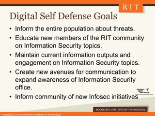 Copyright © 2015 Rochester Institute of Technology
Digital Self Defense Goals
• Inform the entire population about threats...