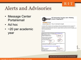 Copyright © 2014 Rochester Institute of Technology
Alerts and Advisories
• Message Center
Portal/email
• Ad hoc
• ~20 per ...