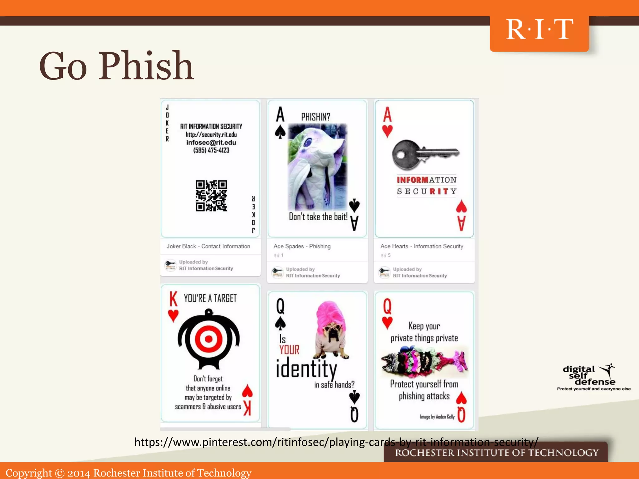 Copyright © 2014 Rochester Institute of Technology
Go Phish
https://www.pinterest.com/ritinfosec/playing-cards-by-rit-information-security/
 