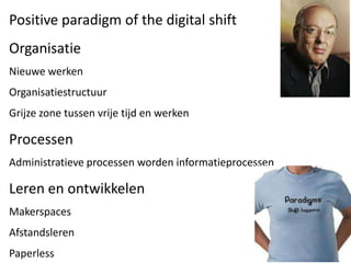 Positive paradigm of the digital shift
Organisatie
Nieuwe werken
Organisatiestructuur
Grijze zone tussen vrije tijd en werken
Processen
Administratieve processen worden informatieprocessen
Leren en ontwikkelen
Makerspaces
Afstandsleren
Paperless
 