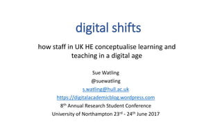 digital shifts
Sue Watling
@suewatling
s.watling@hull.ac.uk
https://digitalacademicblog.wordpress.com
8th Annual Research Student Conference
University of Northampton 23rd - 24th June 2017
how staff in UK HE conceptualise learning and
teaching in a digital age
 