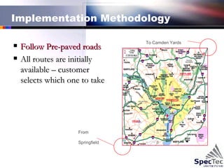 Implementation Methodology Follow Pre-paved roads All routes are initially available – customer selects which one to take From  Springfield To Camden Yards 