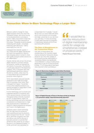 Consumer Products and Retail                   the way we see it

             54%                         61%
  OF RESPONDENTS CITED     OF SHOPPERS WANT ONLINE
IN-STORE TECHNOLOGY AS    STORES TO REMEMBER THEIR
  IMPORTANT DURING THE    PERSONAL INFORMATION AND
    TRANSACTION PHASE     PAYMENT METHODS TO SPEED
                           UP THE SHOPPING PROCESS




      Transaction: Where In-Store Technology Plays a Larger Role




                                                                                                            “
      Behavior patterns change for many              a respondent from Australia: “I would
      digital shoppers when they reach the           like access to in-store PDAs that allow
      Transaction phase, with some moving            you to scan products you’re buying
      to the physical store to purchase a            and keep a price tally so you can track                       I would like to
      product. Many respondents noted that
      they want face-to-face interaction at
                                                     your spending.” In-store technology
                                                     is particularly important for shoppers                  see the introduction
      this phase. “Shopping should be people
      interacting with people...not people
                                                     in developing markets and for those
                                                     purchasing DIY products.
                                                                                                             of digital membership
      interacting with electronics,” said a                                                                  cards for usage via
      respondent from the US.                        The Role of Smartphones in
                                                     the Transaction Phase
                                                                                                             smartphones instead
      A shopper from Sweden agreed: “I
      don’t think that the digital channel ever      Only 38% of respondents see                             of physical cards.”
      will match the experience in face-to-          smartphones as an important digital                     Digital Shopper from India
      face shopping when it comes to more            channel during the Transaction phase.
      high-quality products where service is a       However, as in the other phases of
      key differentiator.”                           the shopping journey respondents in
                                                     developing markets are significantly
      Overall, Internet sites remain the primary
                                                     more interested in using a mobile phone
      digital channel to purchase and pay
                                                     application to pay for in-store products.
      for products, named as important by
                                                     In India, 71% of respondents said apps
      two-thirds of consumers. The Internet
                                                     were important when purchasing a
      is particularly relevant in the electronics
      category; 54% of shoppers said they
      had purchased electronics online in             Figure 9: Electronics Category Leads Online Purchases
      the last six months, while only 21%                                                   % of consumers purchasing
                                                                  Category
      of respondents had purchased DIY                                                   products online in the last 6 months
      products online (Figure 9).
                                                                 Electronics                              54%
      Some respondents proposed specific                           Fashion                                52%
      applications that might encourage
                                                                    Health                                42%
      them to purchase more online. Said
      a shopper from Spain: “I would like                            Food                                 29%
      to find online-adapted products (e.g.,                          DIY                                 21%
      special packages) or being able to order
                                                               None of these                              15%
      discontinued products.”
                                                      Source: Capgemini
      In-store technology such as kiosks and
      integrated devices on shopping carts
      is the second channel of choice in the          Figure 10: Digital Channels of Choice to Purchase and Pay for Products
      Transaction phase (cited as important           % of consumers saying “important/extremely important”
      by 54% of respondents, Figure 10).
      In-store technology can be an important                                     0%        20%        40%           60%        80%
      consideration as retailers look to make
      their physical stores a destination of                     Internet sites                                            67
      choice by offering experiences shoppers
      can’t have in the digital space.                    In-store technology
                                                                                                                 54
                                                              (such as kiosks)
      Shoppers want in-store technology
      that can help them find products,                      E-mail (such as
                                                          newsletters, offers)                                  52
      track spending and pay for products.
      Said a shopper from the US: “I would                      Smartphones
                                                                                                       38
      like to see smart shopping carts that                    (speciﬁc apps)
      can ring up your stuff as you go or
                                                                         Phone
      barcode scanners on phones that                         (via call center)                      35
      will tell you item prices as you shop if
      the price is not displayed properly.” A
                                                      Source: Capgemini
      similar sentiment was expressed by

      	                                                                                                                                              29
 