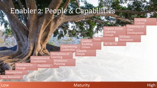 Enabler 2: People & Capabilities
Low HighMaturity
Lean Resources
Assumptions
Resistance to
Change
Competence &
Capabilities
Perceptions of
Learning
Organic Action
Learning
Groups
Learning
Culture
Flexibility
Workforce
Planning
Empowering
Leadership Capable
People
Leaders
Enabling
Others
70 / 20 / 10
Intrinsic
Motivation
Ownership of
Own
Development
Trust
 