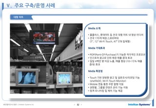㈜인텔리안시스템즈 ⓒIntellian Systems Inc. ● ●32
대형 마트
Media 소개
• 홈플러스, 롯데마트 등 전국 대형 마트 내 영상 미디어
• 전국 170개 매장 2,800여대
(7", 12" Wi-Fi Touch, 47” STB 일체형)
Media 기대효과
• POP(Point-Of-Purchase)가 가능한 적극적인 프로모션
• 인스토어 광고로 단위 매장 매출 증대 효과
• 일일 4백만 명 이상 노출, 매출 향상 (10~15% 매출
증대) 효과
Media 특장점
• Touch 기반 양방향 광고 및 설문조사/리포팅 기능
(shelfADD, Wi-Fi Touch Monitor)
• Mobile 연동 통한 쿠폰 발행 지원
• 권한별, 그룹별 컨텐츠 관리 기능 지원
• 원격 모니터링 및 제어 기능 제공
Ⅴ. 주요 구축/운영 사례
 