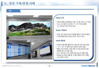 ㈜인텔리안시스템즈 ⓒIntellian Systems Inc. ● ●36
병원
Media 소개
• 전남대 병원 (본원/화순) DID 시스템 구축 (12/13년)
• 1x2, 3x5 멀티스크린 및 17“, 55” STB 일체형
55" KIOSK 타입 미디어 설치
Media 기대효과
• 진료, 대기 정보 실시간 제공을 통한 고객 편의 향상
• 스마트병원으로서 의료 서비스 이미지 제고
Media 특장점
• 의료시스템 연동 통한 대기 정보 및 진료 정보 제공
• (17”, 55” 각 진료과 앞 진료대기 정보 제공)
• 병원, 주요 의료진, 진료 과목 소개 등 KIOSK 타입
대화형 안내 시스템 구축
• 뉴스, 날씨 등 기타 다양한 정보 실시간 연동 제공
• Media art 영상 표출 등 고 품격 병원 이미지 연출
(3x5 멀티스크린)
Ⅴ. 주요 구축/운영 사례
 