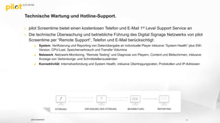 Technische Wartung und Hotline-Support.
 pilot Screentime bietet einen kostenlosen Telefon und E-Mail 1st Level Support Service an
 Die technische Überwachung und betriebliche Führung des Digital Signage Netzwerks von pilot
Screentime per “Remote Support“, Telefon und E-Mail berücksichtigt:
 System: Verifizierung und Reporting von Datenübergabe an individuelle Player inklusive “System Health” plus SW-
Version, CPU-Last, Speicherverbrauch und Transfer Volumina
 Netzwerk: Netzwerk-Monitoring, “Remote Testing” und Diagnose von Playern, Content und Bildschirmen, inklusive
Anzeige von Verbindungs- und Schnittstellenzuständen
 Konnektivität: Internetverbindung und System Health, inklusive Übertragungsraten, Protokollen und IP-Adressen
11
? OK
STÖRUNG ERFASSUNG DER STÖRUNG BEARBEITUNG REPORTING
pilot Screentime
 