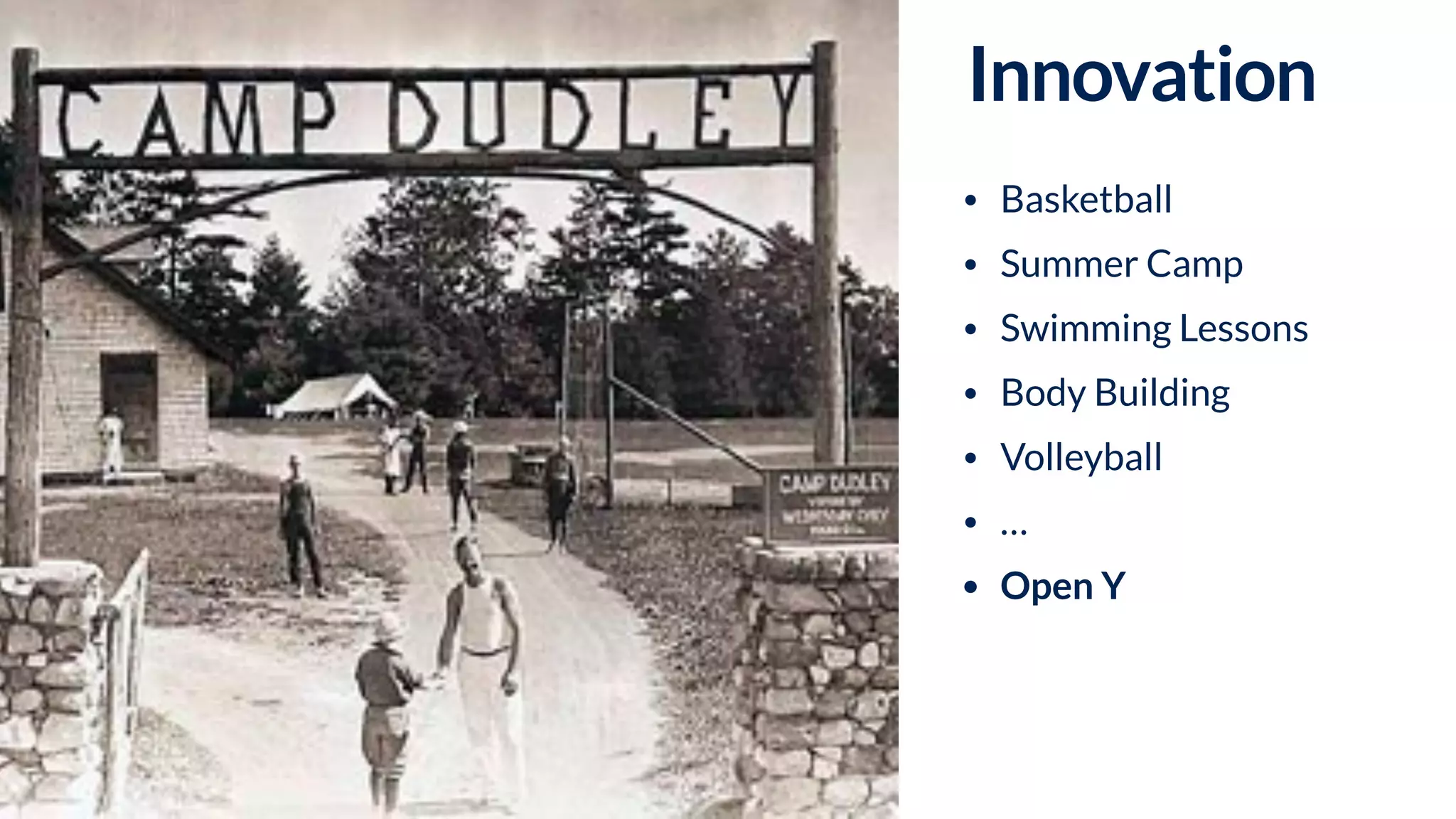 • Basketball
• Summer Camp
• Swimming Lessons
• Body Building
• Volleyball
• …
• Open Y
Innovation
 