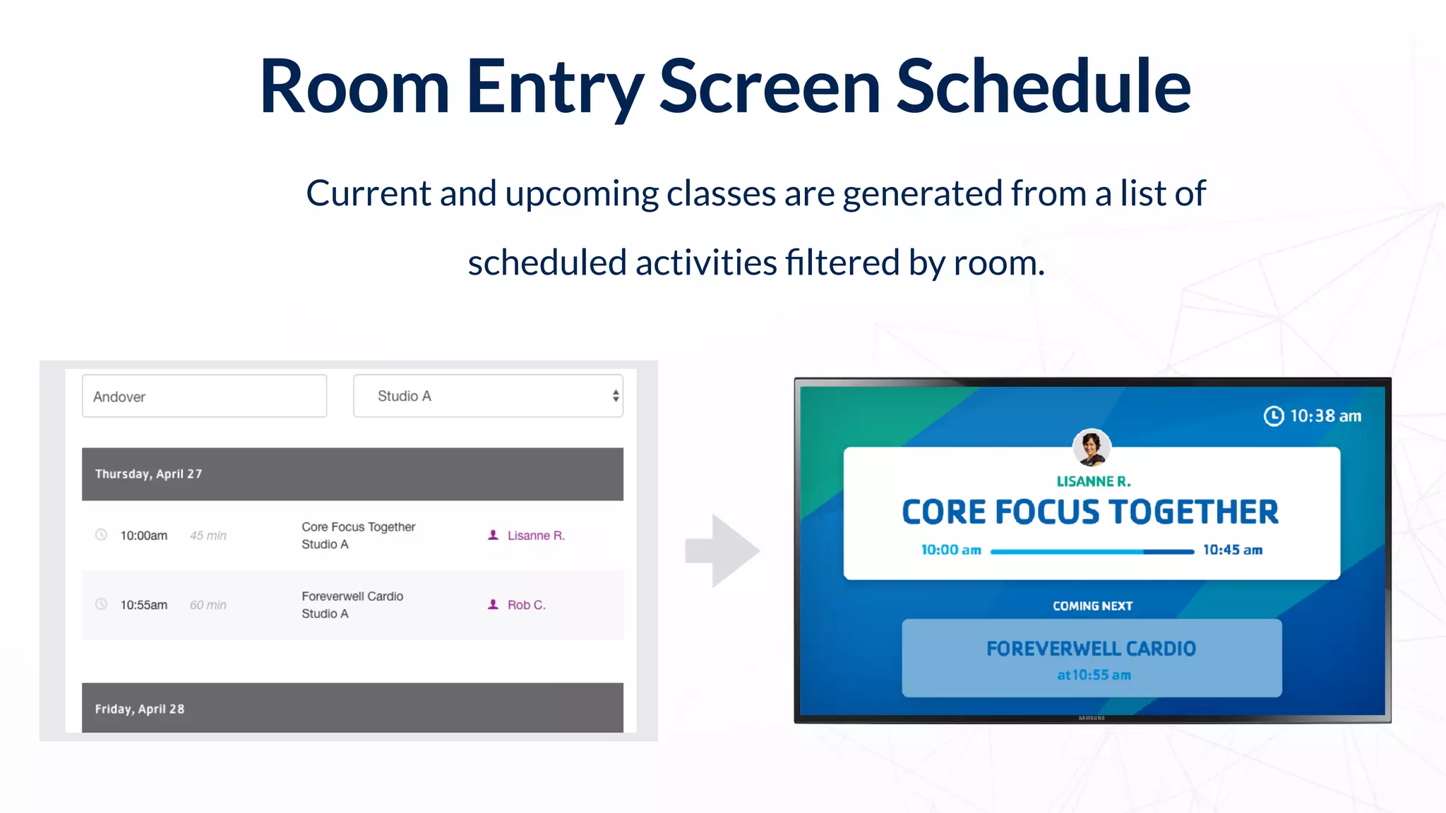 Room Entry Screen Schedule
Current and upcoming classes are generated from a list of
scheduled activities ﬁltered by room.
 