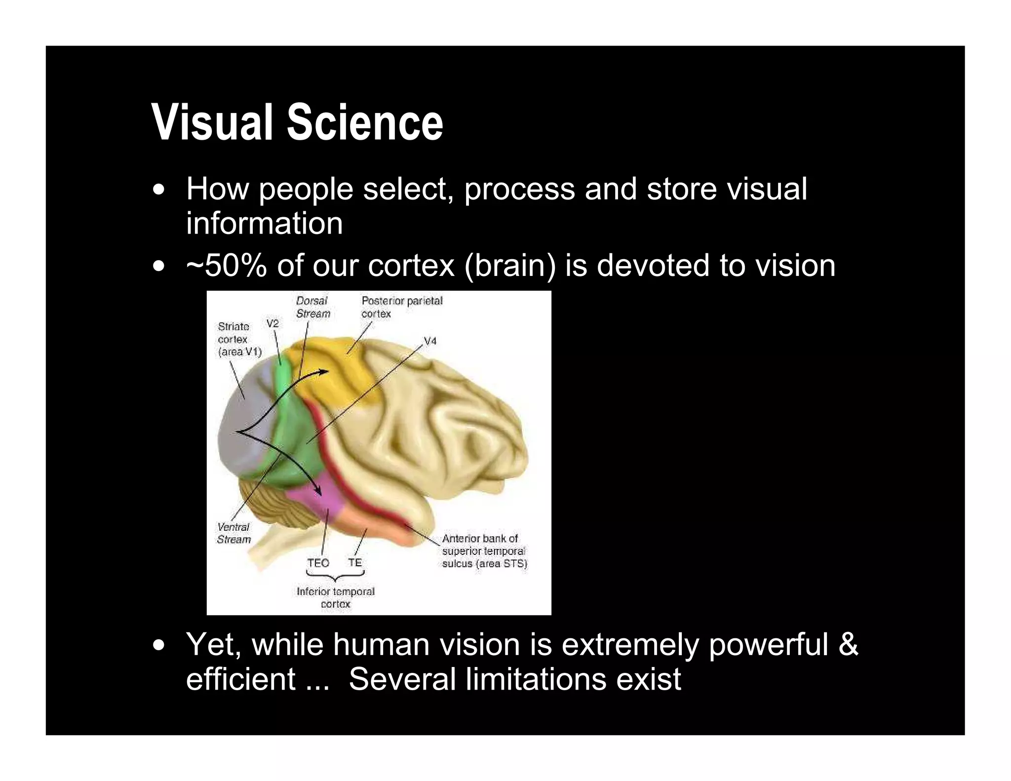 • How people select, process and store visual
information
• ~50% of our cortex (brain) is devoted to vision
• Yet, while human vision is extremely powerful &
efficient … Several limitations exist
Visual Science
 