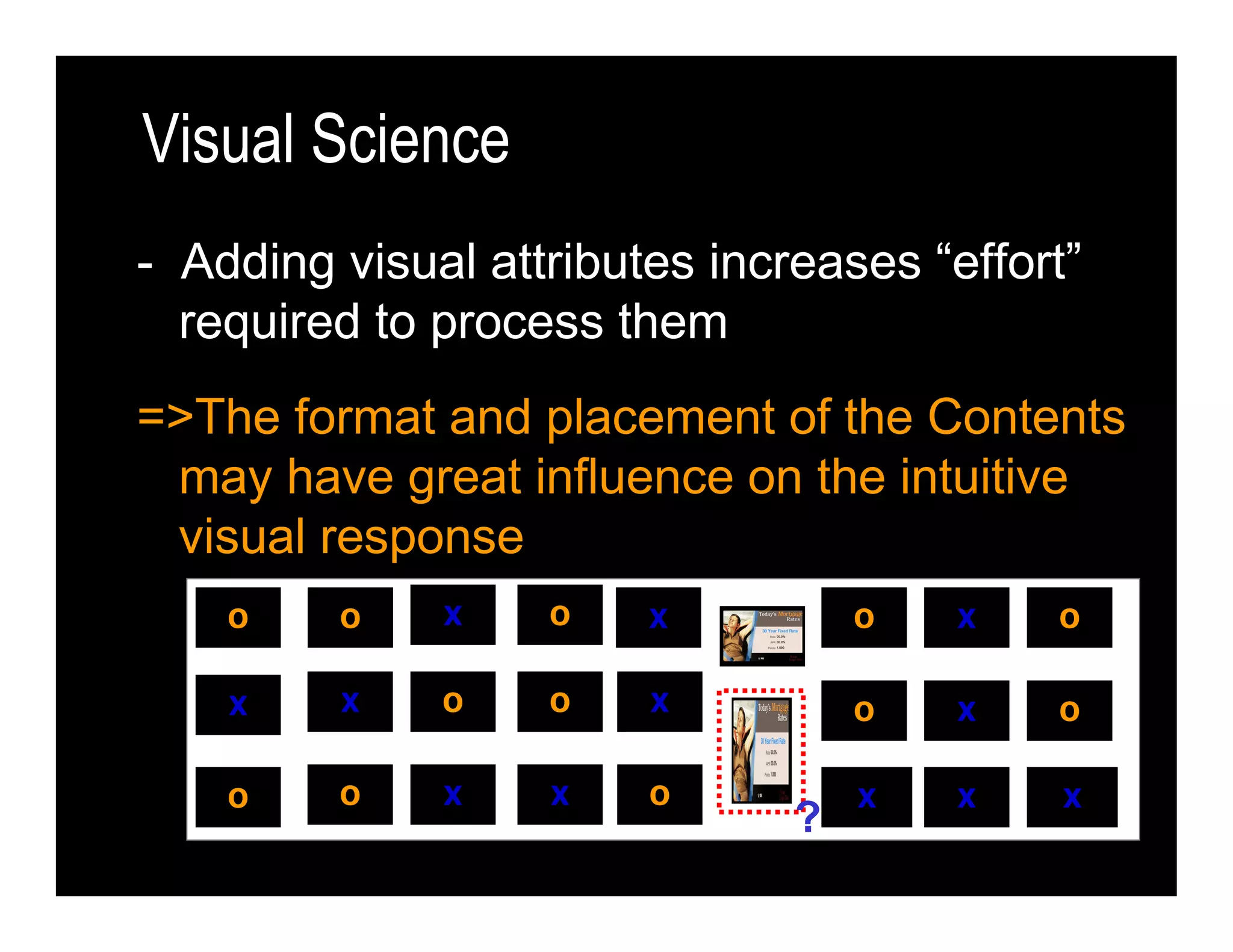 - Adding visual attributes increases “effort”
required to process them
=>The format and placement of the Contents
may have great influence on the intuitive
visual response
X
O
O
X
XX
X
X X
X XX
O
O
O
O
O
O O
O
O
Visual Science
O
X
O
O
X
?
 