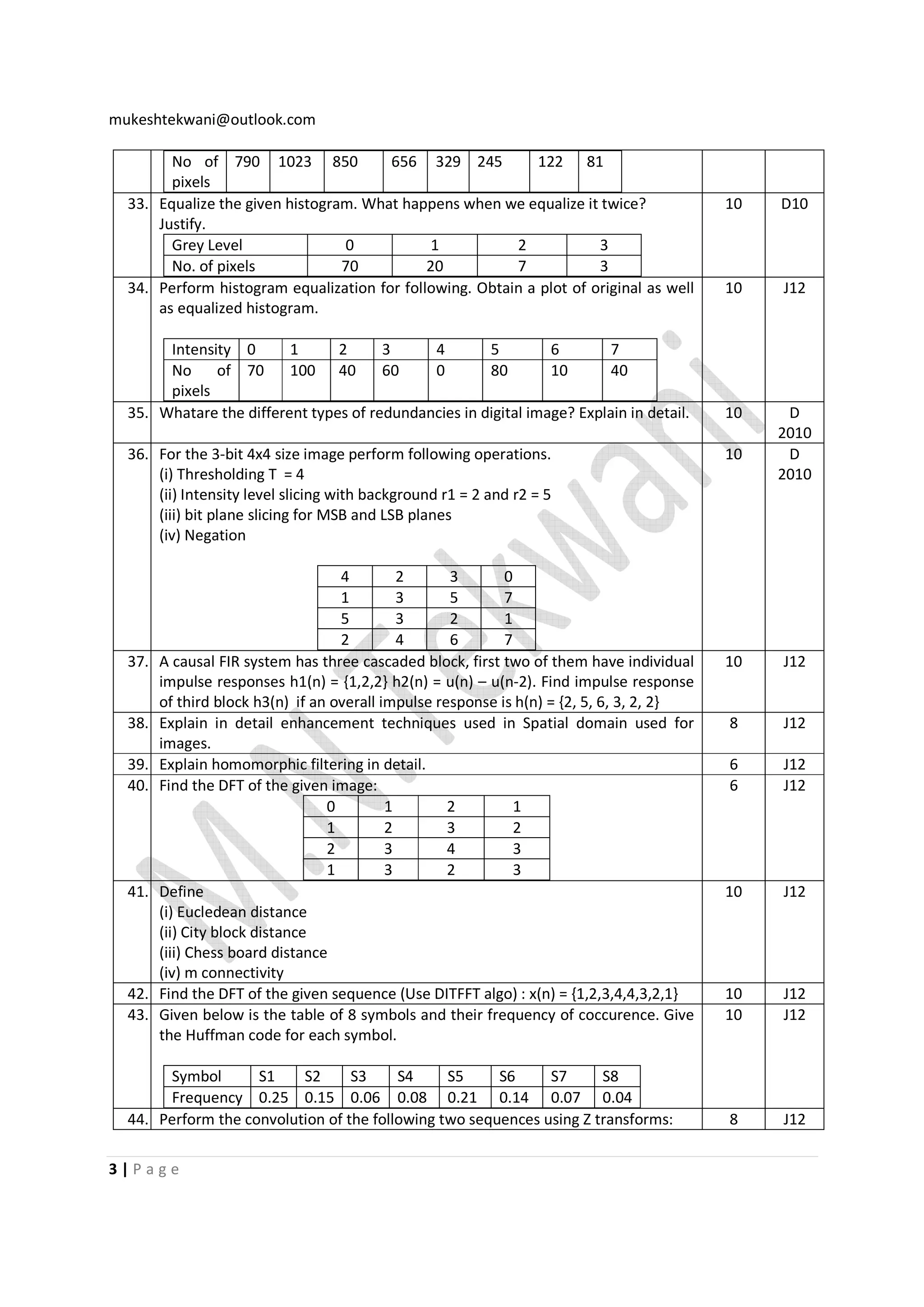 mukeshtekwani@outlook.com
No of 790 1023 850
656 329 245
122 81
pixels
33. Equalize the given histogram. What happens when we equalize it twice?
Justify.
Grey Level
0
1
2
3
No. of pixels
70
20
7
3
34. Perform histogram equalization for following. Obtain a plot of original as well
as equalized histogram.
Intensity 0
1
2
3
4
5
6
7
No
of 70
100 40
60
0
80
10
40
pixels
35. Whatare the different types of redundancies in digital image? Explain in detail.
36. For the 3-bit 4x4 size image perform following operations.
(i) Thresholding T = 4
(ii) Intensity level slicing with background r1 = 2 and r2 = 5
(iii) bit plane slicing for MSB and LSB planes
(iv) Negation

37.

38.
39.
40.

41.

42.
43.

4
2
3
0
1
3
5
7
5
3
2
1
2
4
6
7
A causal FIR system has three cascaded block, first two of them have individual
impulse responses h1(n) = {1,2,2} h2(n) = u(n) – u(n-2). Find impulse response
of third block h3(n) if an overall impulse response is h(n) = {2, 5, 6, 3, 2, 2}
Explain in detail enhancement techniques used in Spatial domain used for
images.
Explain homomorphic filtering in detail.
Find the DFT of the given image:
0
1
2
1
1
2
3
2
2
3
4
3
1
3
2
3
Define
(i) Eucledean distance
(ii) City block distance
(iii) Chess board distance
(iv) m connectivity
Find the DFT of the given sequence (Use DITFFT algo) : x(n) = {1,2,3,4,4,3,2,1}
Given below is the table of 8 symbols and their frequency of coccurence. Give
the Huffman code for each symbol.

Symbol
S1
S2
S3
S4
S5
S6
S7
S8
Frequency 0.25 0.15 0.06 0.08 0.21 0.14 0.07 0.04
44. Perform the convolution of the following two sequences using Z transforms:
3|Page

10

D10

10

J12

10

D
2010
D
2010

10

10

J12

8

J12

6
6

J12
J12

10

J12

10
10

J12
J12

8

J12

 