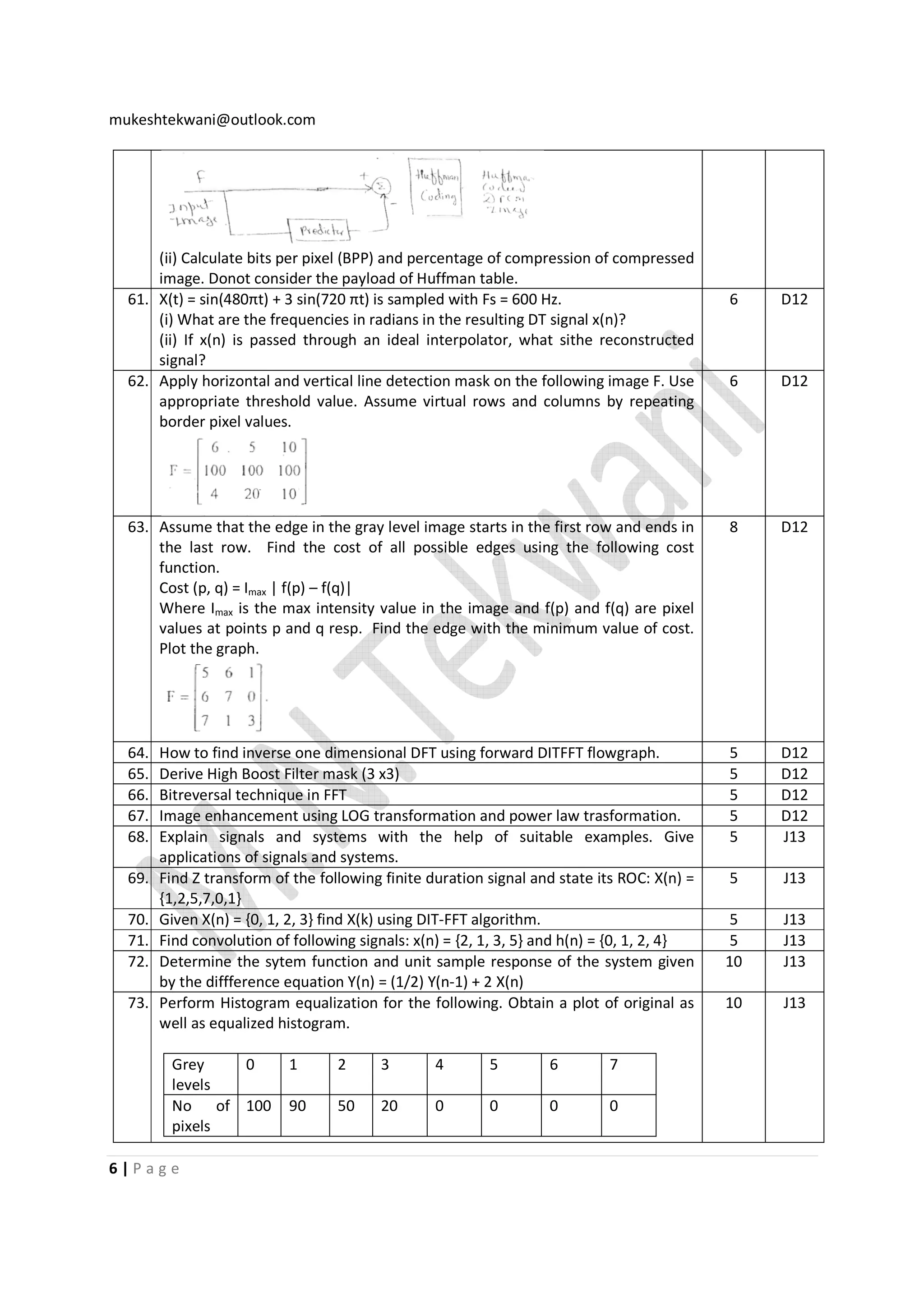 mukeshtekwani@outlook.com

(ii) Calculate bits per pixel (BPP) and percentage of compression of compressed
image. Donot consider the payload of Huffman table.
61. X(t) = sin(480πt) + 3 sin(720 πt) is sampled with Fs = 600 Hz.
(i) What are the frequencies in radians in the resulting DT signal x(n)?
(ii) If x(n) is passed through an ideal interpolator, what sithe reconstructed
signal?
62. Apply horizontal and vertical line detection mask on the following image F. Use
appropriate threshold value. Assume virtual rows and columns by repeating
border pixel values.

6

D12

6

D12

63. Assume that the edge in the gray level image starts in the first row and ends in
the last row. Find the cost of all possible edges using the following cost
function.
Cost (p, q) = Imax | f(p) – f(q)|
Where Imax is the max intensity value in the image and f(p) and f(q) are pixel
values at points p and q resp. Find the edge with the minimum value of cost.
Plot the graph.

8

D12

64.
65.
66.
67.
68.

5
5
5
5
5

D12
D12
D12
D12
J13

5

J13

5
5
10

J13
J13
J13

10

J13

69.
70.
71.
72.
73.

How to find inverse one dimensional DFT using forward DITFFT flowgraph.
Derive High Boost Filter mask (3 x3)
Bitreversal technique in FFT
Image enhancement using LOG transformation and power law trasformation.
Explain signals and systems with the help of suitable examples. Give
applications of signals and systems.
Find Z transform of the following finite duration signal and state its ROC: X(n) =
{1,2,5,7,0,1}
Given X(n) = {0, 1, 2, 3} find X(k) using DIT-FFT algorithm.
Find convolution of following signals: x(n) = {2, 1, 3, 5} and h(n) = {0, 1, 2, 4}
Determine the sytem function and unit sample response of the system given
by the diffference equation Y(n) = (1/2) Y(n-1) + 2 X(n)
Perform Histogram equalization for the following. Obtain a plot of original as
well as equalized histogram.
Grey
0
levels
No of 100
pixels

6|Page

1

2

3

4

5

6

7

90

50

20

0

0

0

0

 